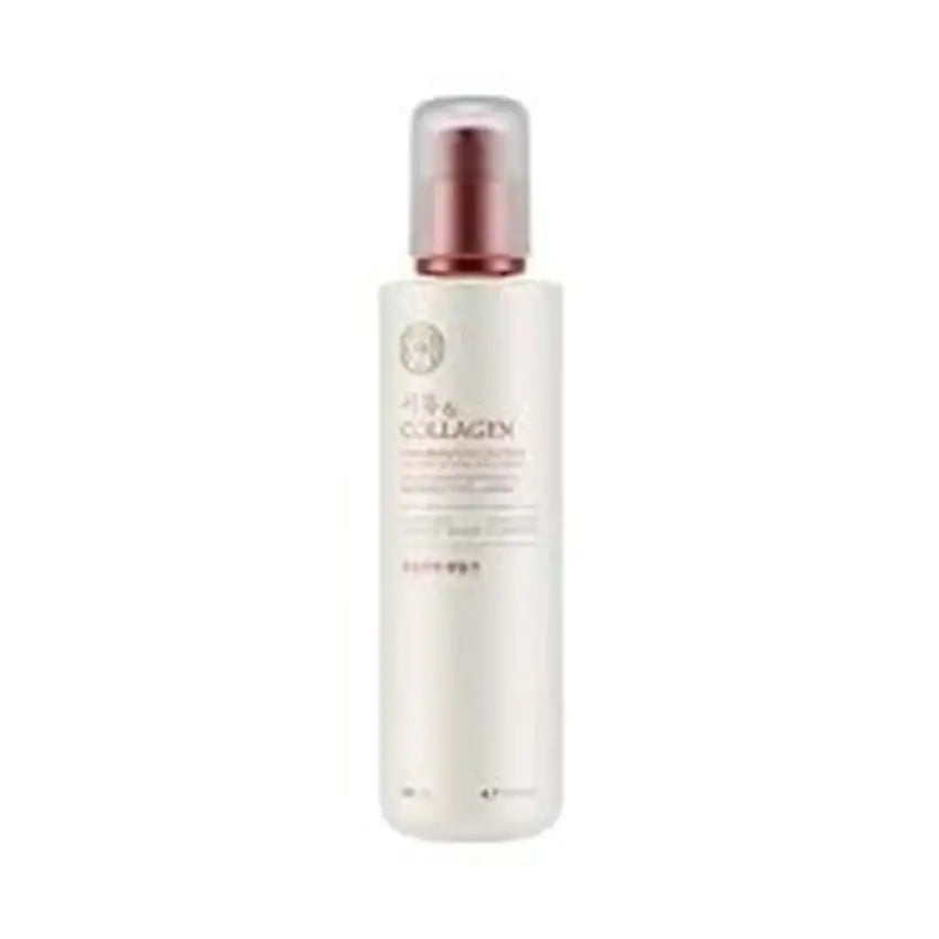 Collagen skincare toner with pump dispenser, minimalist white bottle for radiant skin wellness