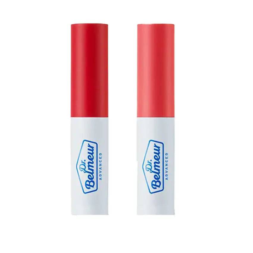 Dr. Belmeur Advanced lip balm tubes in red and coral, skincare essentials for daily wellness routine