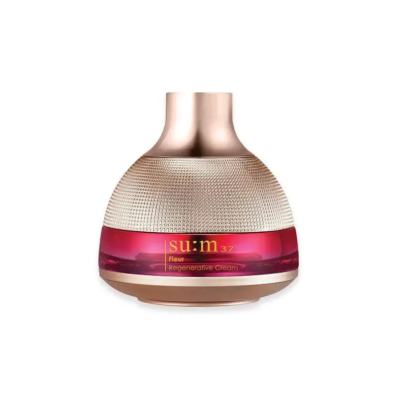 su:m37 Fleur Regenerative Cream in luxury rose gold jar with textured lid, radiant skincare essential
