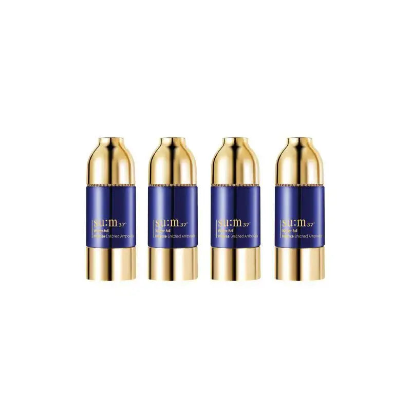 Four SUM37 Water-full Enzyme Enriched Ampoules with gold caps and blue labels for radiant skincare
