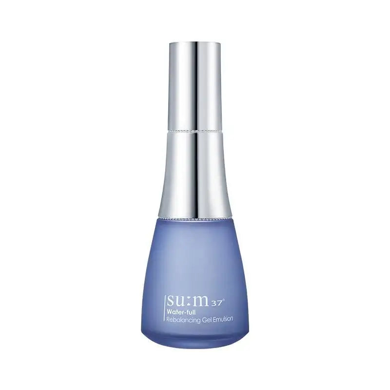 su:m37 Water-full Rebalancing Gel Emulsion skincare bottle with silver pump on white background