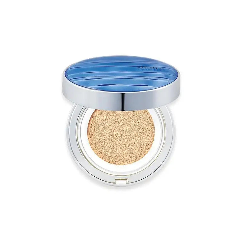 Blue wave-design cushion foundation compact with beige makeup sponge, holistic beauty skincare product