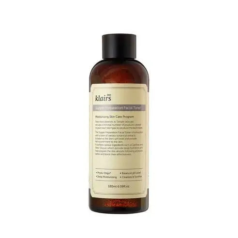 Klairs Supple Preparation Facial Toner for hydrating skincare routine, 180ml bottle with amber glass design