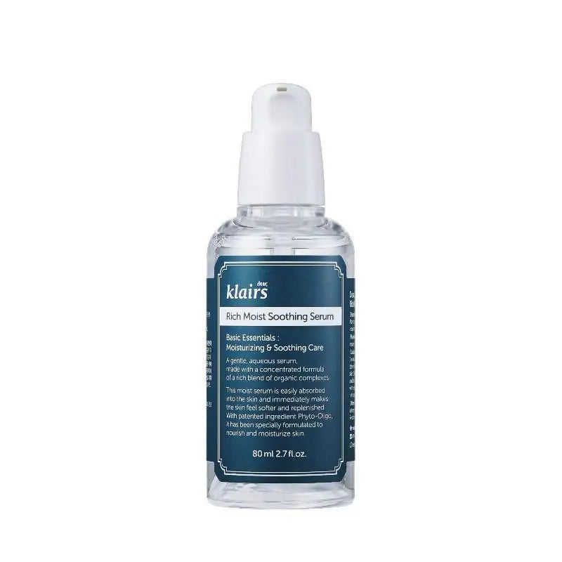 Klairs Rich Moist Soothing Serum for hydrating and calming skin, 80ml bottle with pump dispenser
