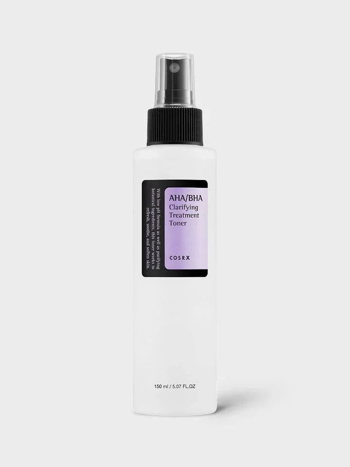 AHA/BHA Clarifying Treatment Toner spray bottle with purple label, gentle exfoliating skincare for radiant skin