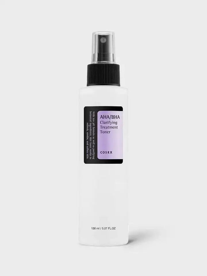 COSRX AHA/BHA Clarifying Treatment Toner bottle with spray nozzle, 150ml, for radiant skin care routine