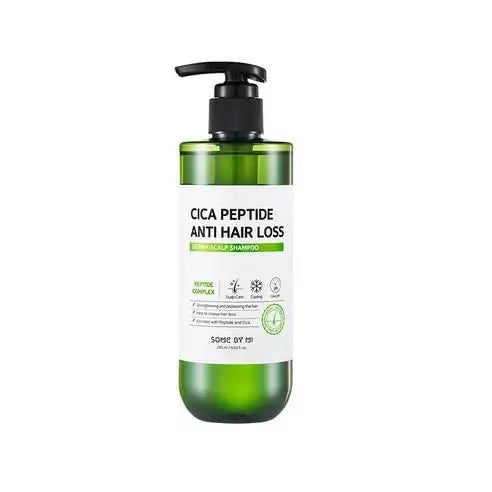 Cica Peptide anti hair loss shampoo for scalp care, green bottle with pump dispenser