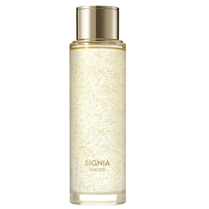 SIGNIA Water hydrating toner with golden flecks in clear glass bottle, luxury skincare essence