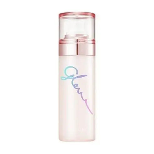 Elegant skincare bottle with iridescent 'Glow' script, rose gold cap, minimalist design for radiant beauty routine