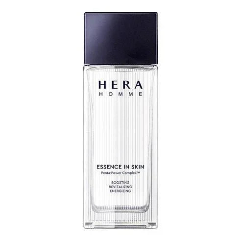 Hera Homme Essence in Skin bottle with black cap, clear glass design, boosting revitalizing skincare