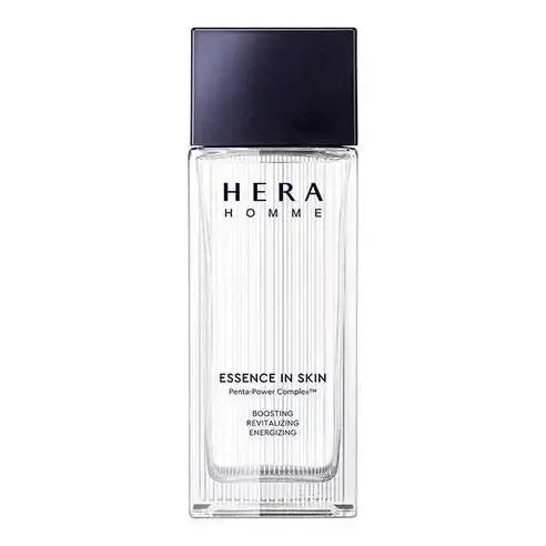 Hera Homme Essence in Skin bottle with black cap, clear glass design, boosting revitalizing skincare