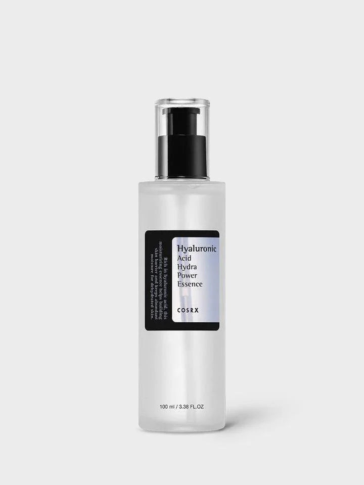 Hyaluronic Acid Hydra Power Essence for radiant, hydrated skin in sleek bottle with pump