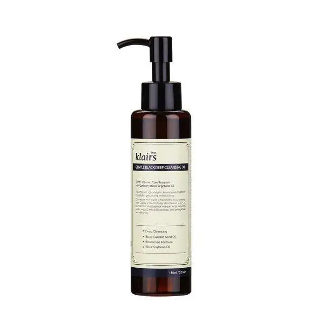 klairs Gentle Black Deep Cleansing Oil bottle with pump, featuring black currant seed oil for deep cleansing skincare