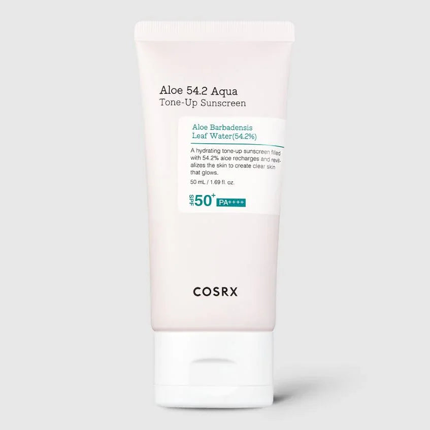 COSRX Aloe 54.2 Aqua Tone-Up Sunscreen with SPF 50+ PA++++, hydrating aloe-based sun protection for glowing skin