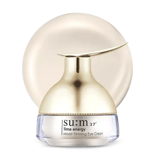 su:m37 Time Energy Moist Firming Eye Cream in gold jar, luxury skincare for radiant eyes