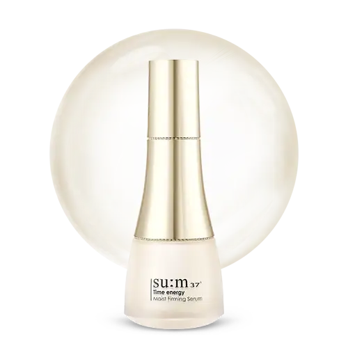 su:m37 Time Energy Moist Firming Serum bottle with gold cap, glowing backdrop, luxury skincare essence