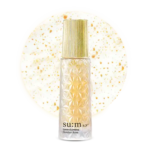 su:m37 LosecSumma Golden Base skincare serum with gold dropper, radiant glow formula for radiant confidence