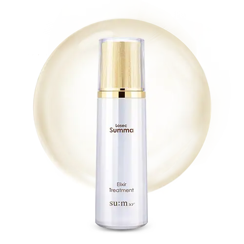 Summa Elixir Treatment skincare bottle with gold cap, radiant glow background, holistic beauty essence