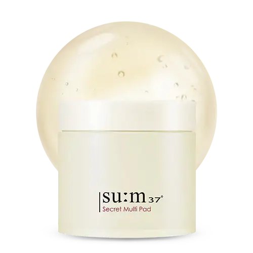 su:m37° Secret Multi Pad skincare product with translucent dome lid, minimalist white jar design