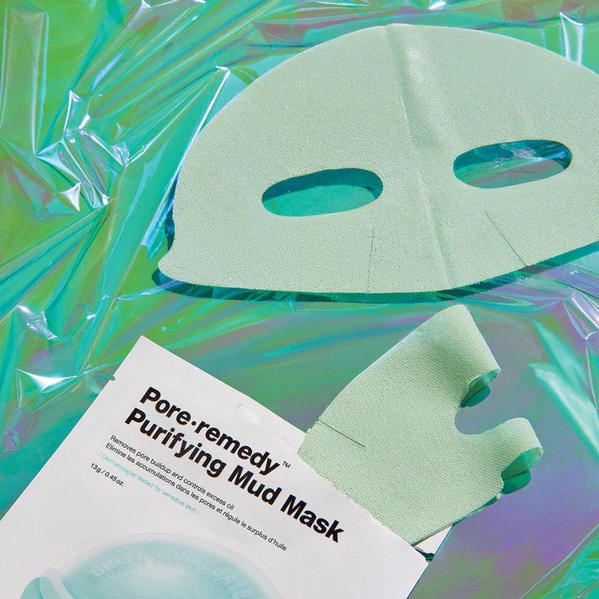 Pore-remedy Purifying Mud Mask for clear skin, shown with green sheet mask on holographic background