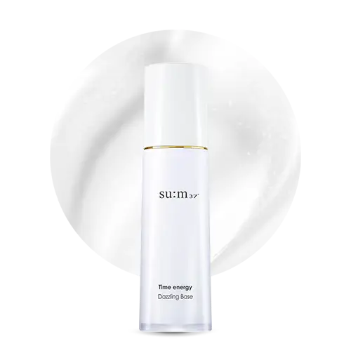 su:m37 Time Energy Dazzling Base skincare product with white cream swatch, holistic beauty routine