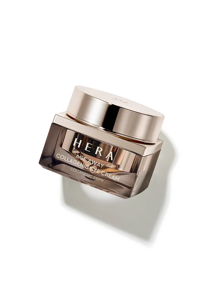 Hera Age Away Collagenic Eye Cream jar with sleek metallic lid, luxury skincare for radiant eyes