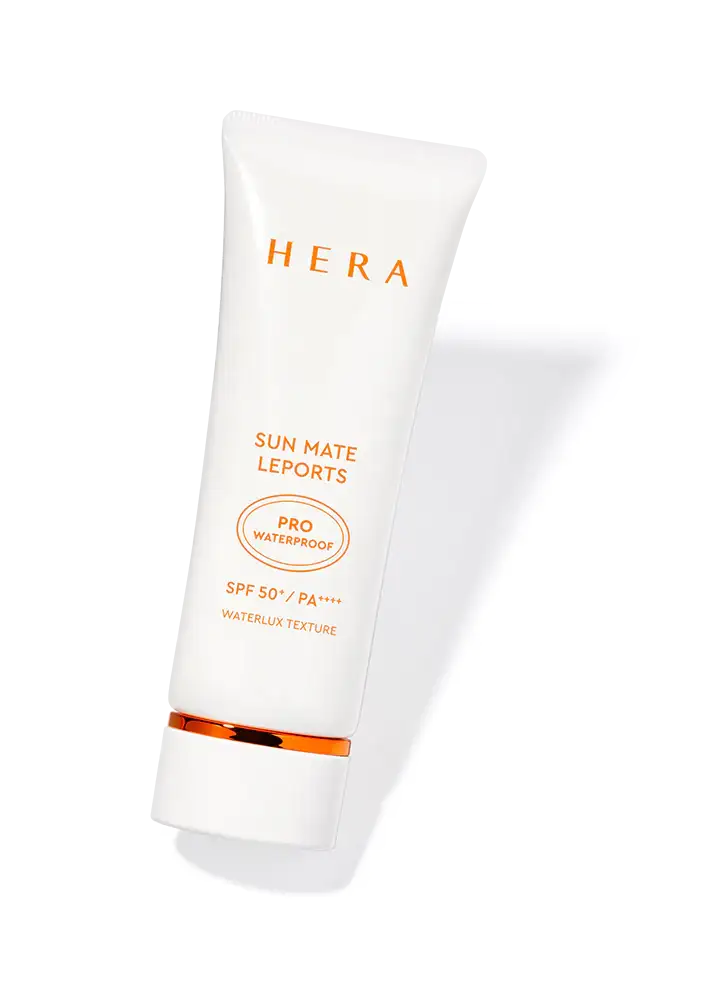 Hera Sun Mate Leports SPF 50+ PA++++ waterproof sunscreen with waterlux texture, white tube with orange accents