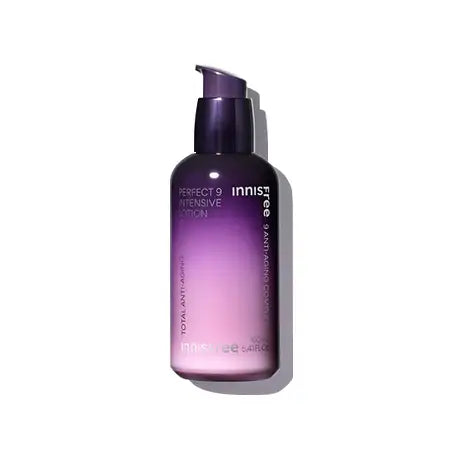 Innisfree Perfect 9 Intensive Lotion – purple gradient bottle with pump, skincare essence for radiant glow