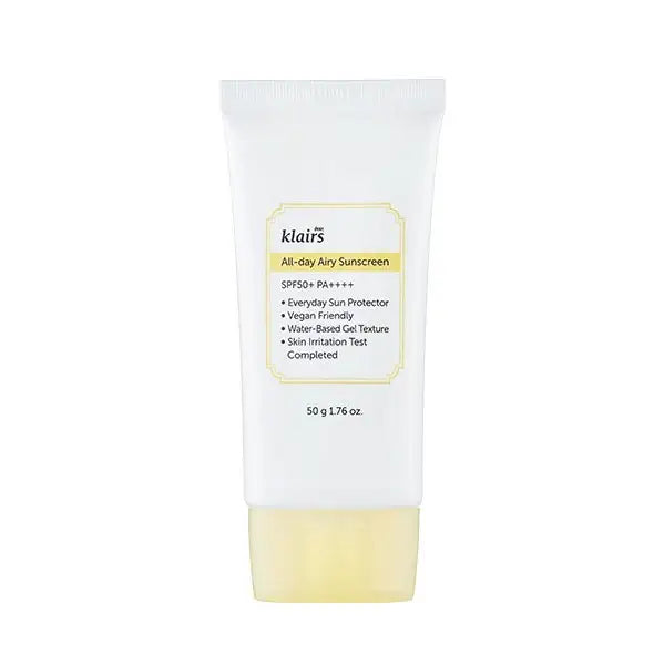 Klairs All-day Airy Sunscreen SPF50+ PA++++, vegan-friendly water-based gel for daily sun protection
