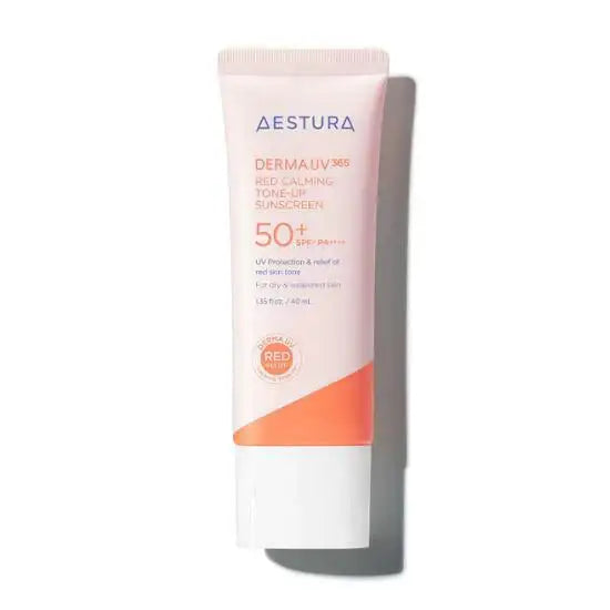 AESTURA Derma UV 365 Red Calming Tone-Up Sunscreen SPF 50+ for sensitive skin, pink tube with orange accent