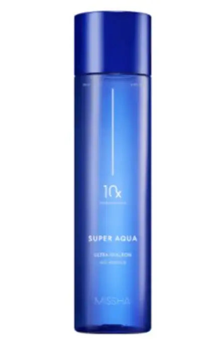 Missha Super Aqua Ultra Hyalron toner bottle with 10x hydration, blue glass design for radiant skin care routine