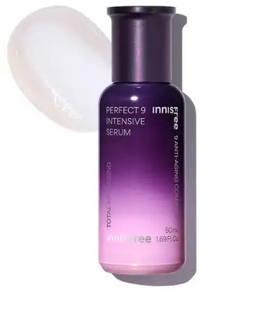 Innisfree Perfect 9 Intensive Serum bottle with gradient purple design, anti-aging skincare product