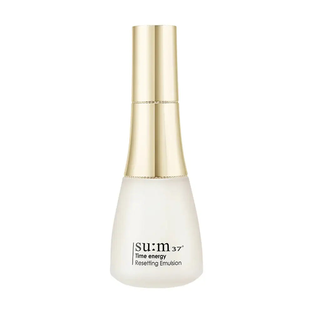 su:m37° Time Energy Resetting Emulsion in elegant white bottle with gold cap, luxury skincare product