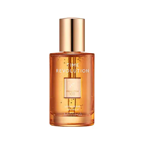 Missha Time Revolution serum with golden cap, amber glass bottle, skincare essence for radiant glow
