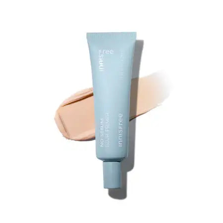 Innisfree No-Sebum Blur Primer tube with swatch, lightweight makeup base for smooth, matte finish