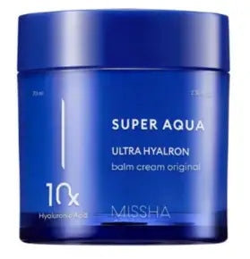 Missha Super Aqua Ultra Hyalron balm cream in blue jar, 10x hyaluronic acid for hydrated skin