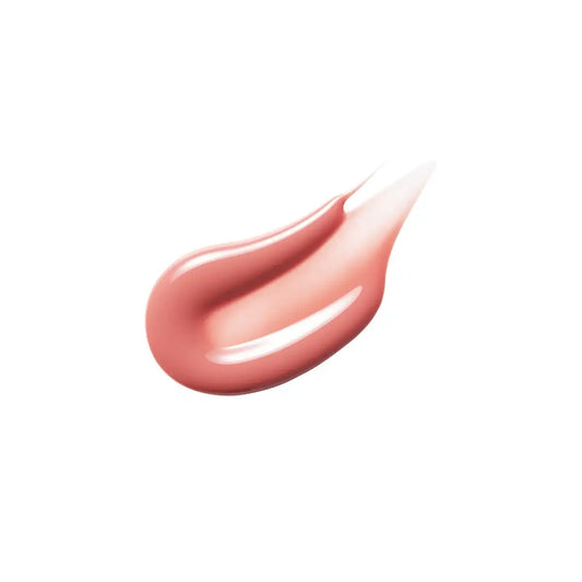 Glossy nude lip gloss swatch on white background, smooth texture for radiant lips