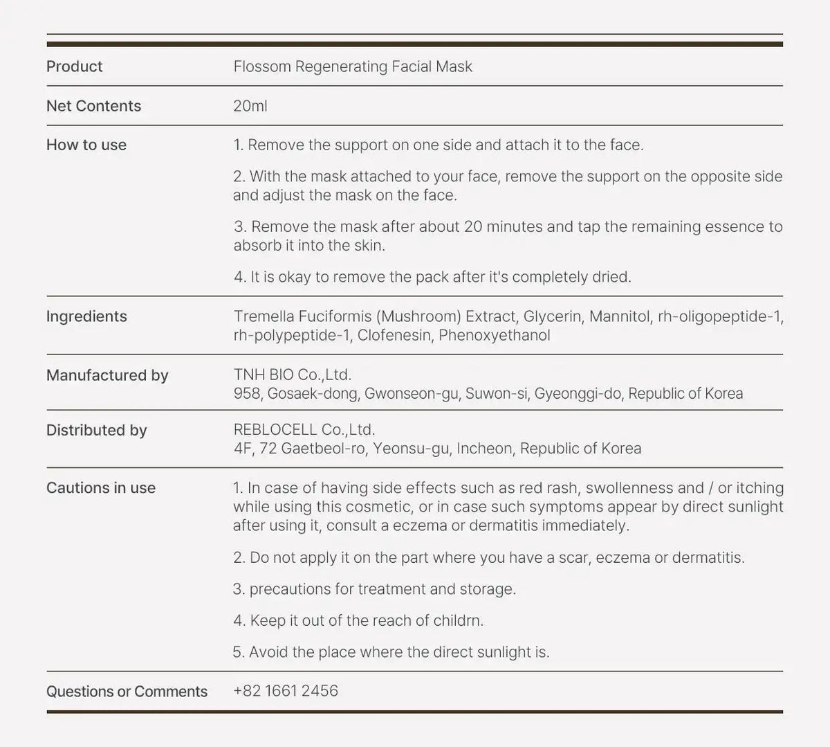 Reblocell Flossom Regenerating Facial Mask EGF 1ppm 1 Sheet Korean beauty product view 13