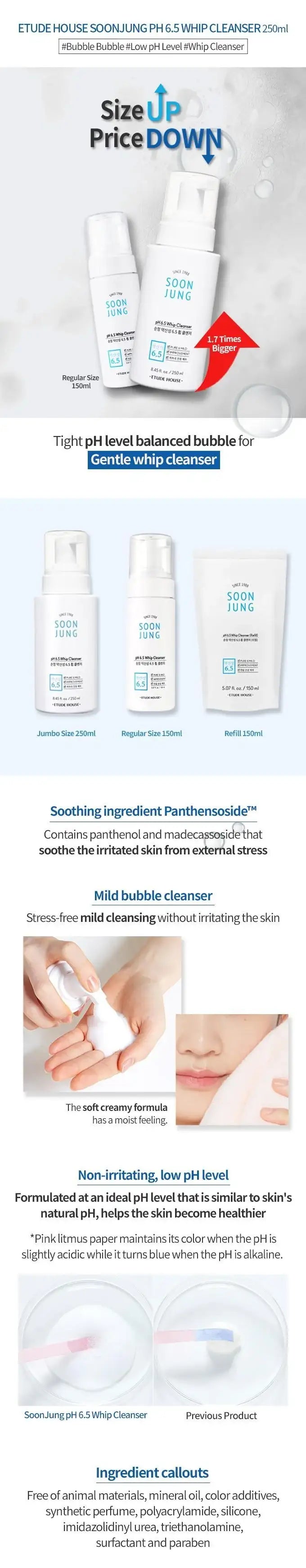 Etude House SoonJung pH 6.5 Whip Cleanser 250ml Korean beauty product image 4