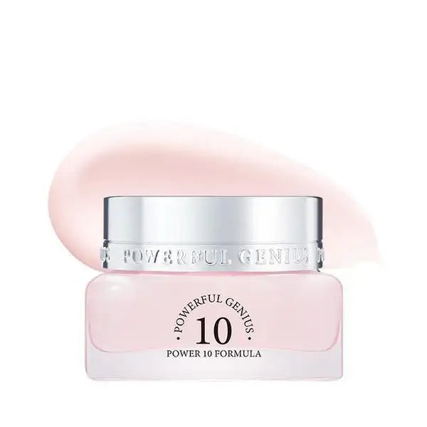 Powerful Genius 10 skincare cream jar with pink formula swatch, holistic beauty product
