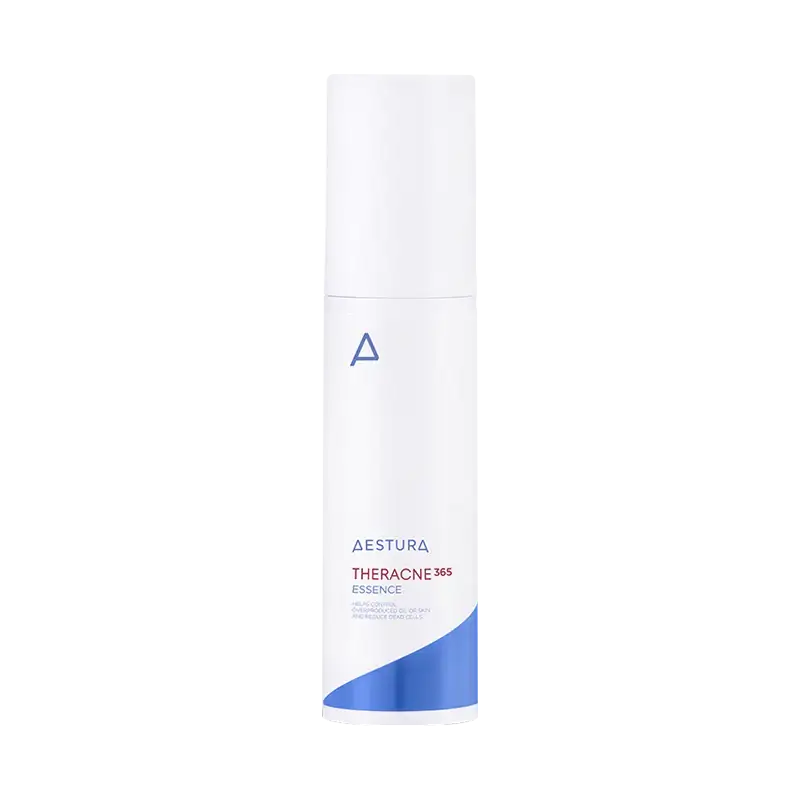 Aestura Theracne 365 Essence for clear skin, featuring blue wave design on white bottle