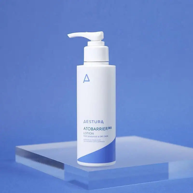 Aestura Atobarrier 365 Lotion for sensitive & dry skin, gentle skincare on blue background