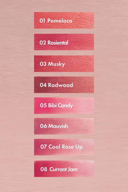 Lipstick shade swatches in pink and red tones: Pomeloco, Rosiental, Musky, Radwood, Bibi Candy, Mauvish, Cool Rose Up, Currant Jam