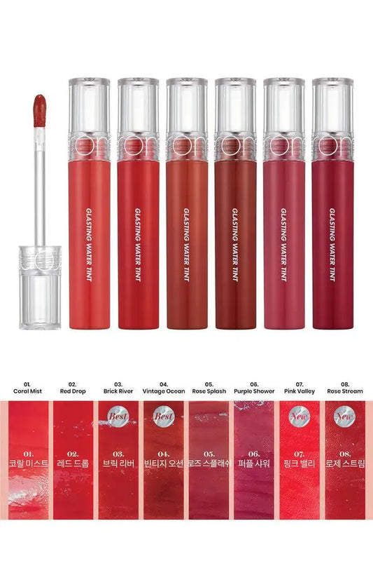 Glasting Water Tint lip gloss collection in 8 shades: Coral Mist to Rose Stream, vibrant hydrating formulas