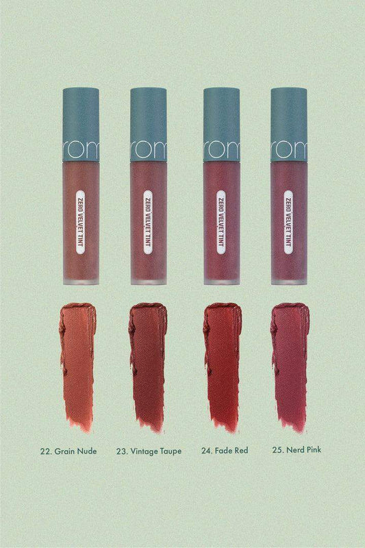 Zero Velvet Tint lip colors in Grain Nude, Vintage Taupe, Fade Red, Nerd Pink — matte liquid lipstick swatches