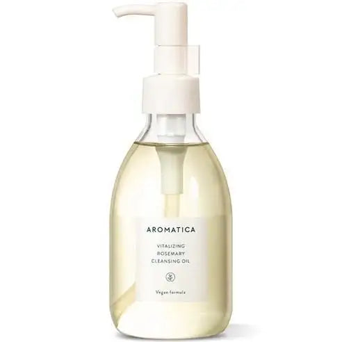Aromatica Vitalizing Rosemary Cleansing Oil in clear glass bottle with white pump, vegan formula
