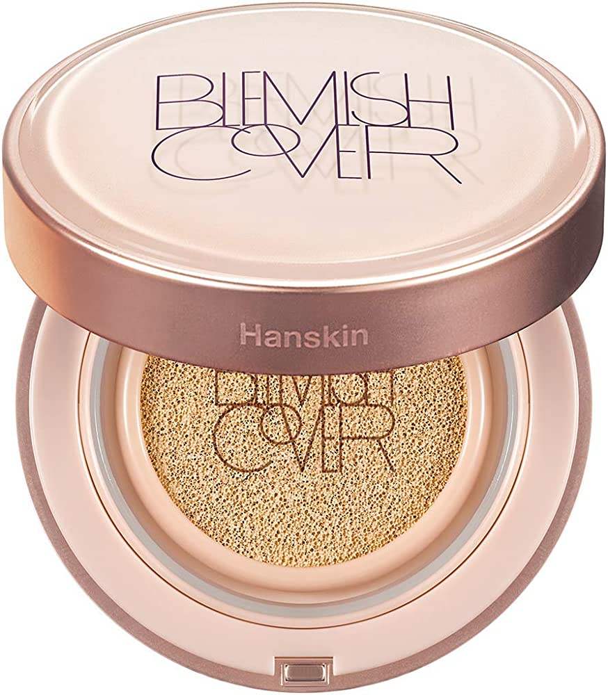 Hanskin Blemish Cover cushion foundation with sponge applicator, radiant skincare makeup