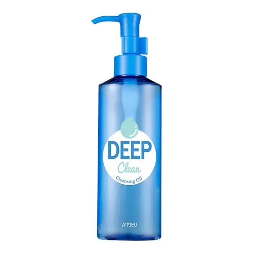 Blue bottle of DEEP Clean Cleansing Oil with pump dispenser for gentle skincare routine