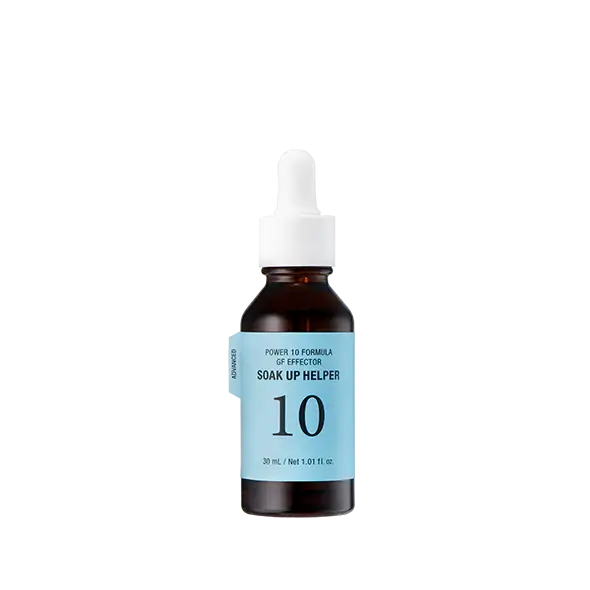 Power 10 Formula Soak Up Helper serum in amber glass bottle with dropper, 30ml