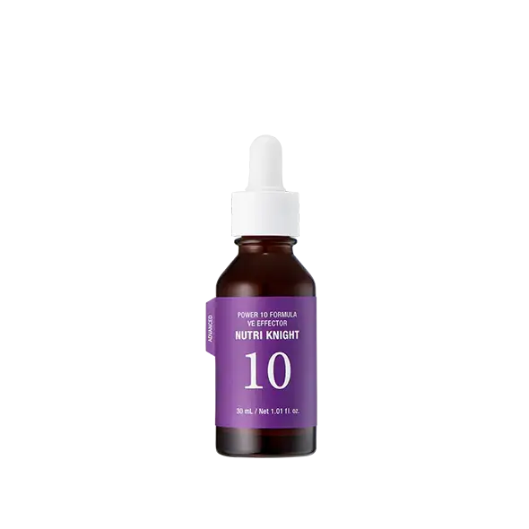 Purple-labeled Nutri Knight 10 serum bottle with dropper, 30ml, for radiant skin and wellness routines